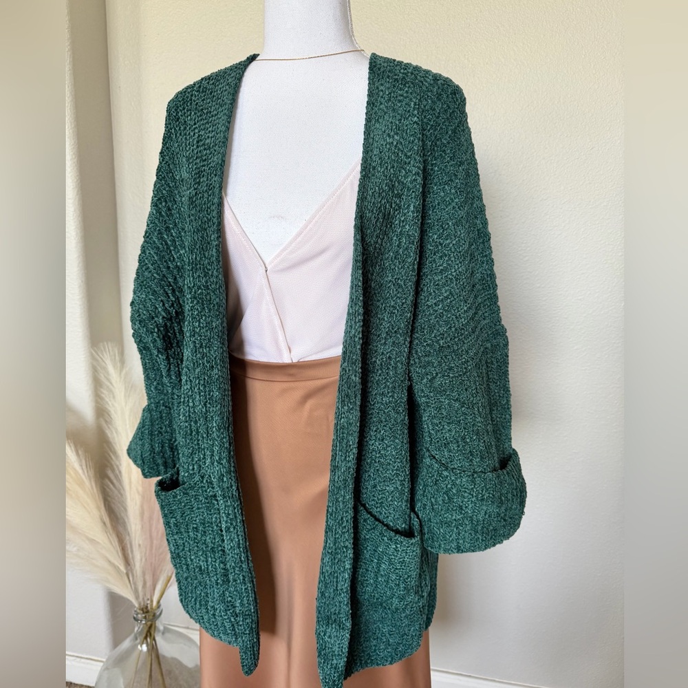 Cozy Chenille Green Knit Open Cardigan